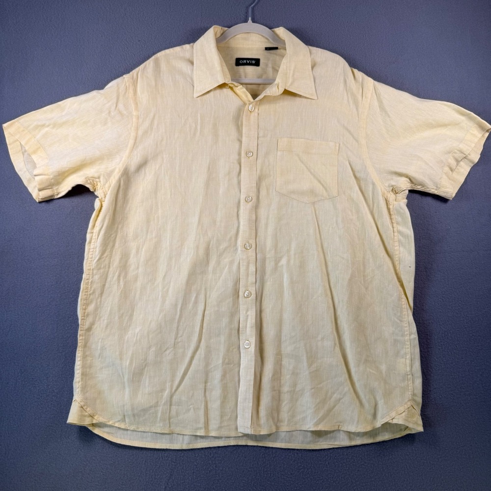 Orvis Mens XL Short Sleeve 100% Linen Button Down Shirt Pale Yellow Casual Top